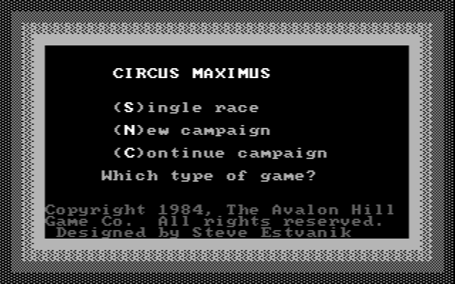 Computer Circus Maximus IBM PC/Compatibles Screenshot: Select a single race, or choose a campaign.