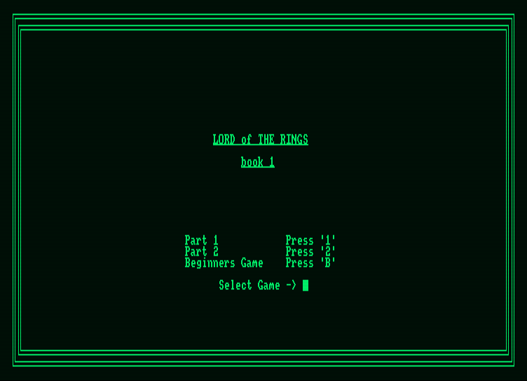 Fellowship of the Ring, The Amstrad PCW Screenshot: Select an adventure.