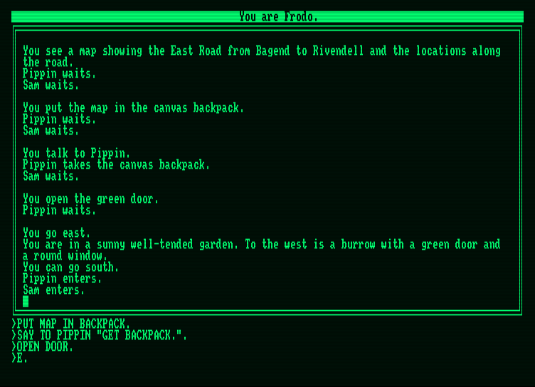 Fellowship of the Ring, The Amstrad PCW Screenshot: I open the door, and the adventure begins!