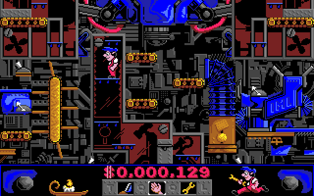 Night Shift Amiga Screenshot: Jump on the platforms to move around to different parts of the machine.