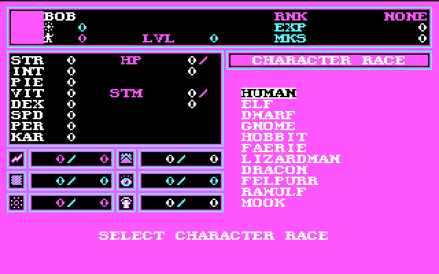 Wizardry: Bane of the Cosmic Forge IBM PC/Compatibles Screenshot: Setting up a new character.
