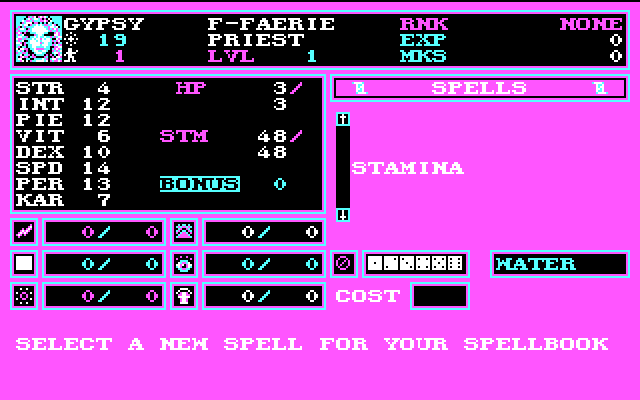 Wizardry: Bane of the Cosmic Forge IBM PC/Compatibles Screenshot: Select some spells for your new character.