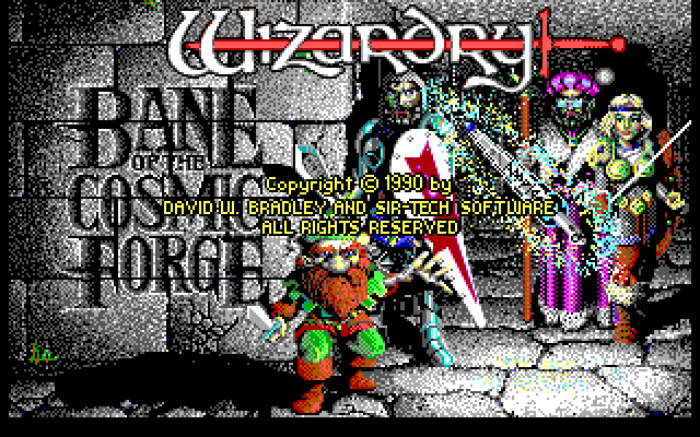 Wizardry: Bane of the Cosmic Forge Amiga Screenshot: The Wizardry logo and game credits appear over the title background.