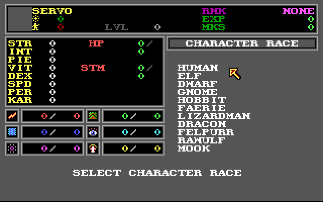 Wizardry: Bane of the Cosmic Forge Amiga Screenshot: First, we'll need to setup some new characters.