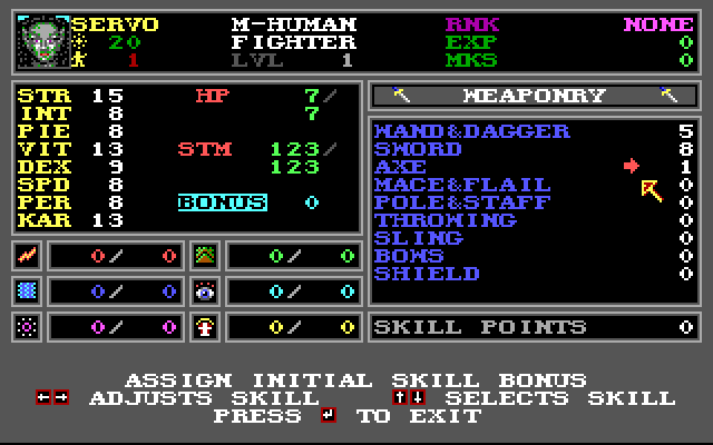 Wizardry: Bane of the Cosmic Forge Amiga Screenshot: Setting stats.