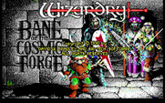 Wizardry: Bane of the Cosmic Forge for Amiga - The Wizardry logo and game credits appear over the title background.