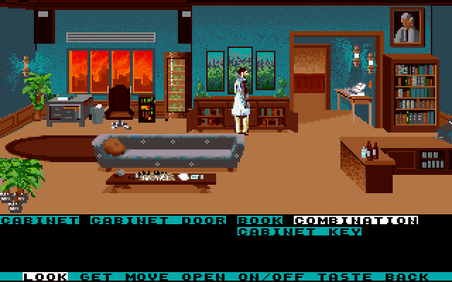 Mean Streets IBM PC/Compatibles Screenshot: Searching an appartment...the menu at the bottom changes as you move and items are found.