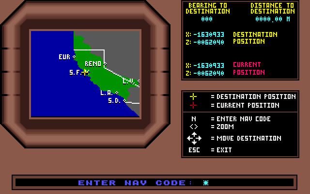 Mean Streets IBM PC/Compatibles Screenshot: Enter a nav code to fly to a new location.