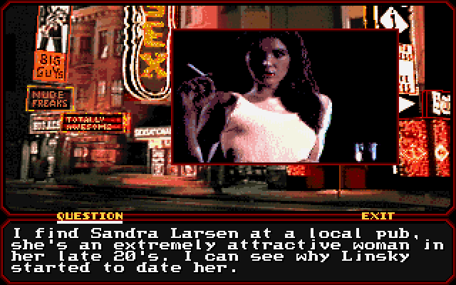 Mean Streets IBM PC/Compatibles Screenshot: Sandra Larsen is next on my list to talk to...