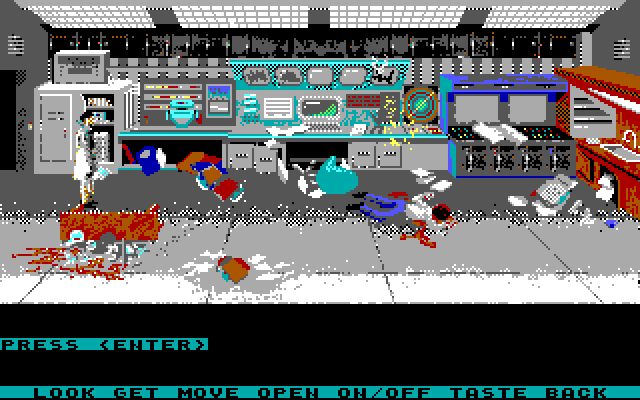 Mean Streets IBM PC/Compatibles Screenshot: This place is a disaster! Maybe there's a clue...