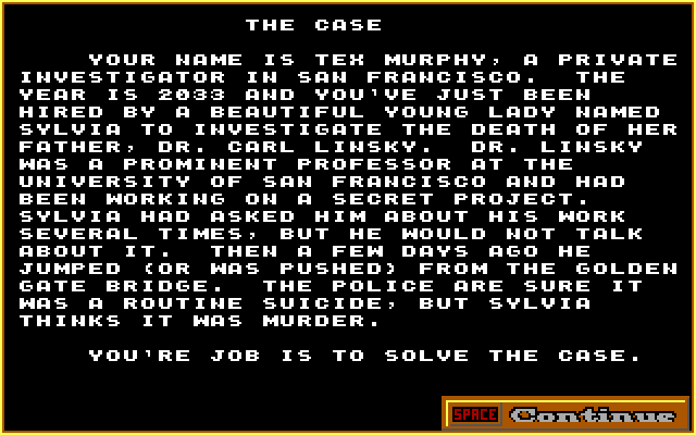 Mean Streets IBM PC/Compatibles Screenshot: Some background on the case you need to solve.