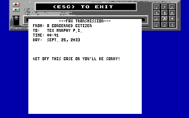 Mean Streets IBM PC/Compatibles Screenshot: Incoming fax...yep, someone wants me off the case!