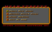 Mean Streets for IBM PC/Compatibles - Main menu.