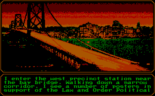 Mean Streets IBM PC/Compatibles Screenshot: Stopping by a precinct near the bay bridge...