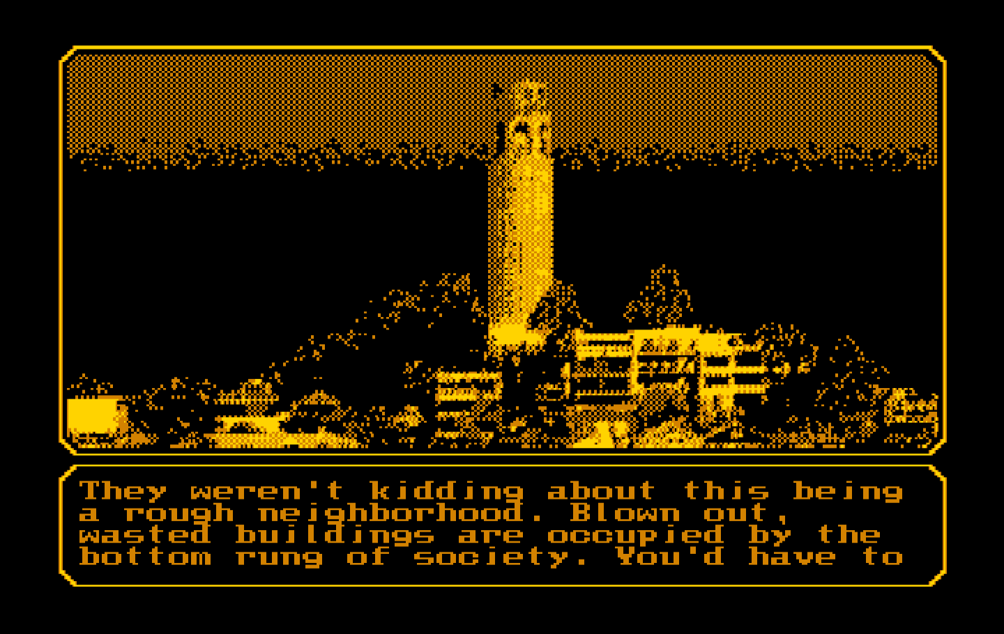 Mean Streets IBM PC/Compatibles Screenshot: Entering a sketchy part of town...