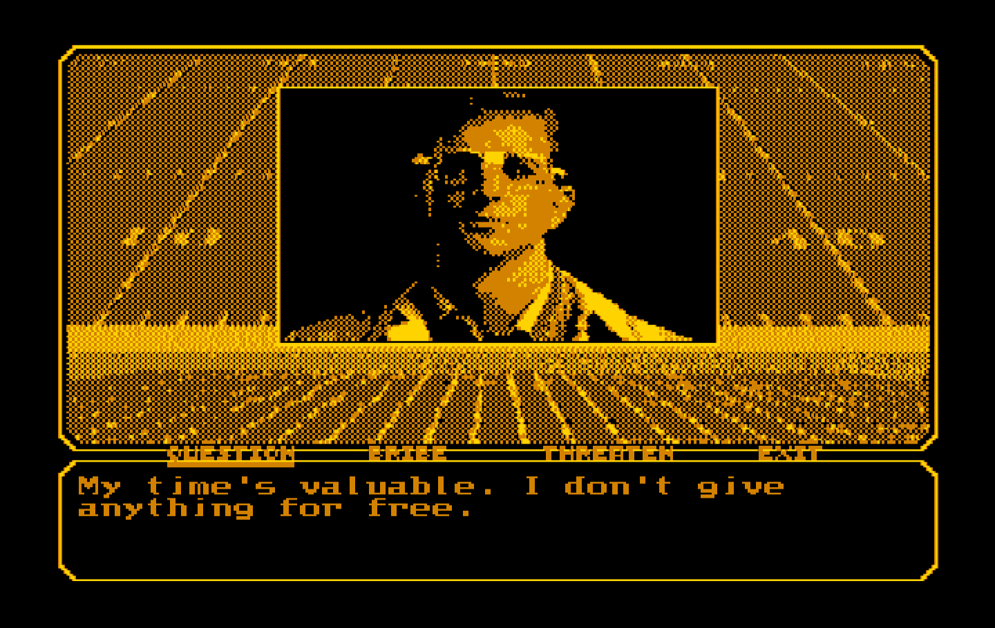Mean Streets IBM PC/Compatibles Screenshot: Arnold Dweeb doesn't want to help me...