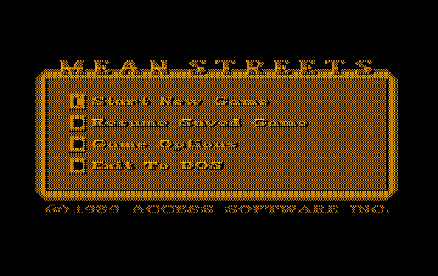 Mean Streets IBM PC/Compatibles Screenshot: The main menu.