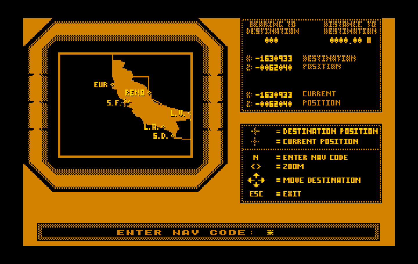 Mean Streets IBM PC/Compatibles Screenshot: Enter a nav code to fly to a new location.