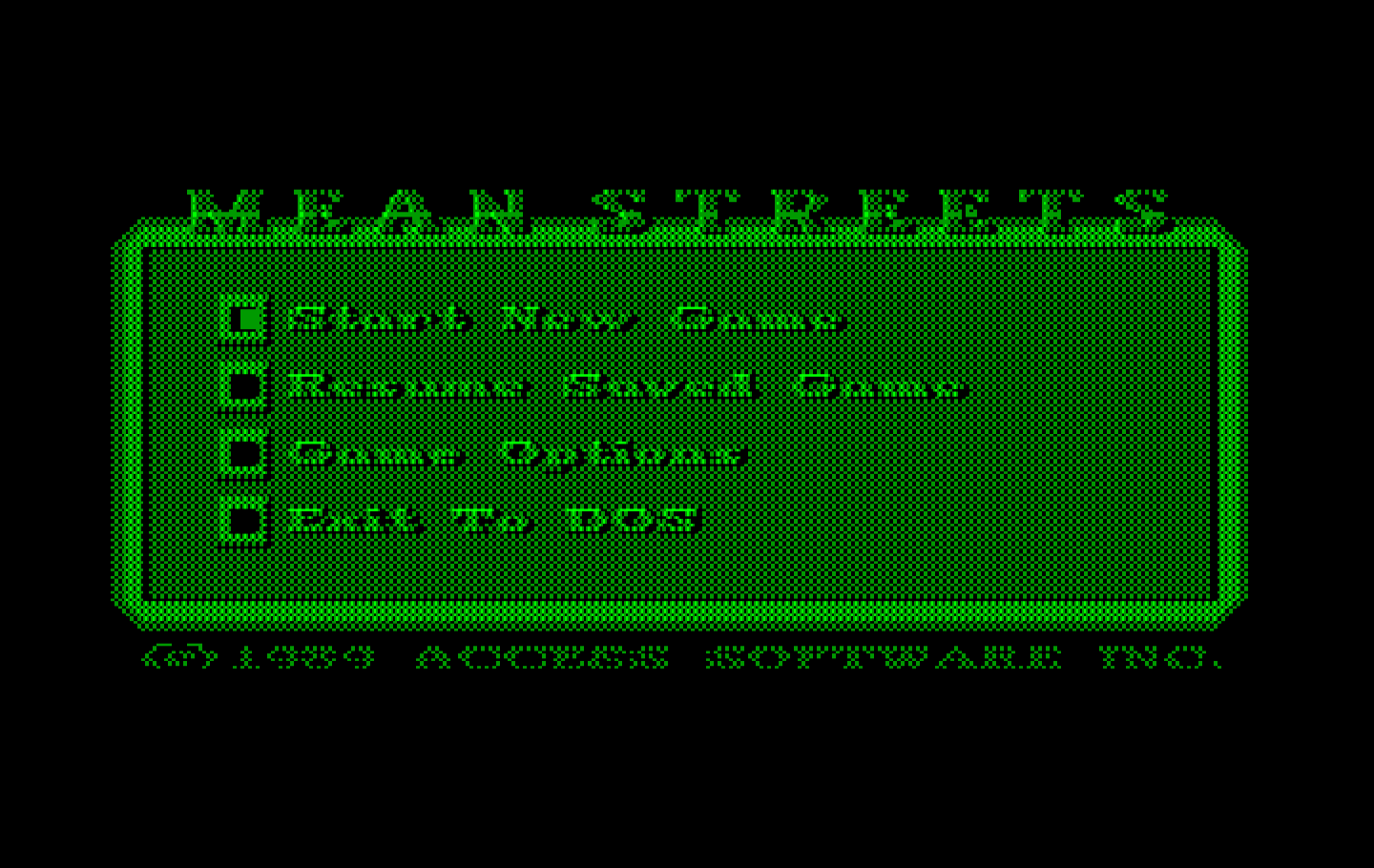 Mean Streets IBM PC/Compatibles Screenshot: The main menu.