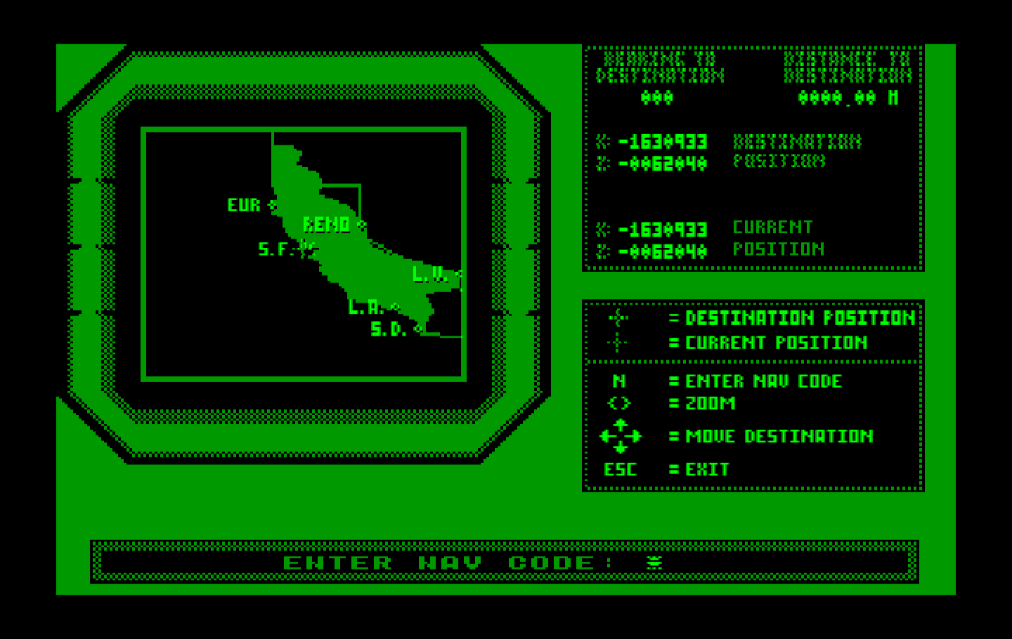 Mean Streets IBM PC/Compatibles Screenshot: Enter a nav code to fly to a new location.