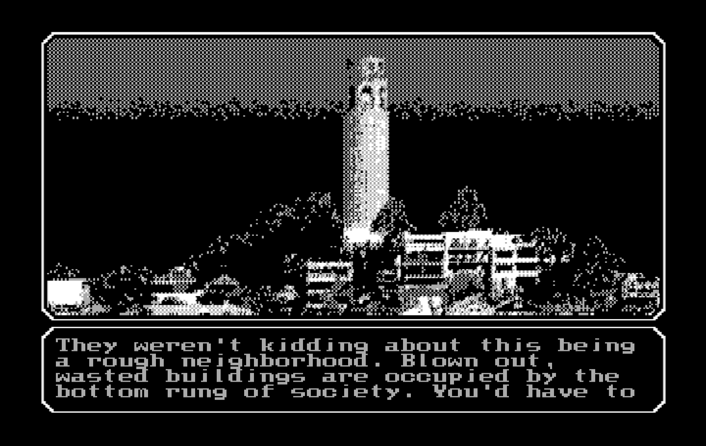 Mean Streets IBM PC/Compatibles Screenshot: Entering a sketchy part of town...
