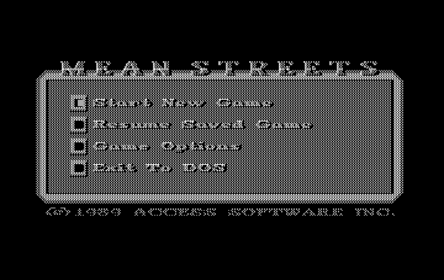 Mean Streets IBM PC/Compatibles Screenshot: The main menu.