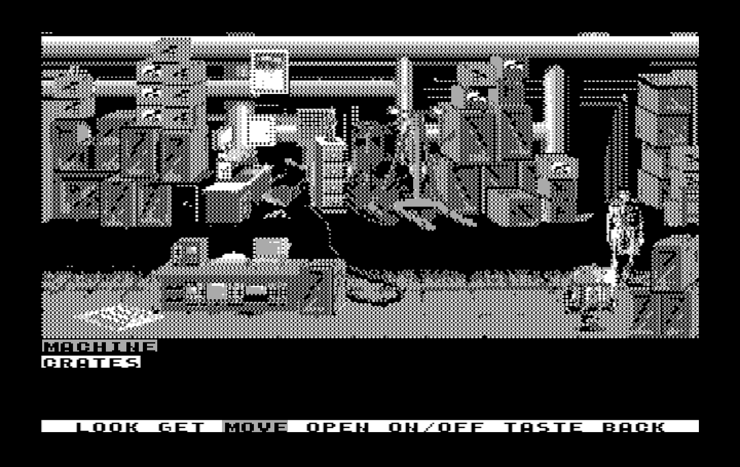 Mean Streets IBM PC/Compatibles Screenshot: Searching a warehouse...