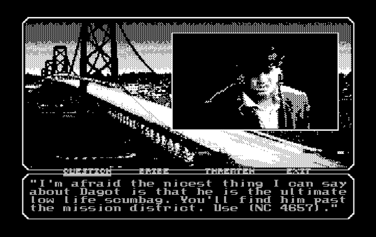 Mean Streets IBM PC/Compatibles Screenshot: This guy isn't friendly, but may provide useful info!