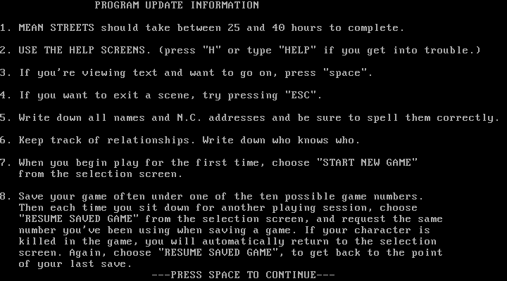 Mean Streets IBM PC/Compatibles Screenshot: Program update information.