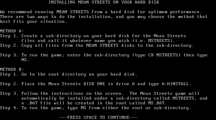 Mean Streets IBM PC/Compatibles Screenshot: Hard disk installation notes.