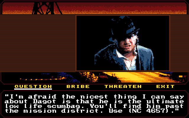Mean Streets Amiga Screenshot: This guy isn't friendly, but provides a lot of useful tips!