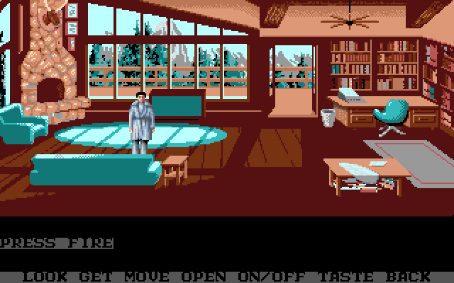 Mean Streets Amiga Screenshot: Exploring a cabin for clues.