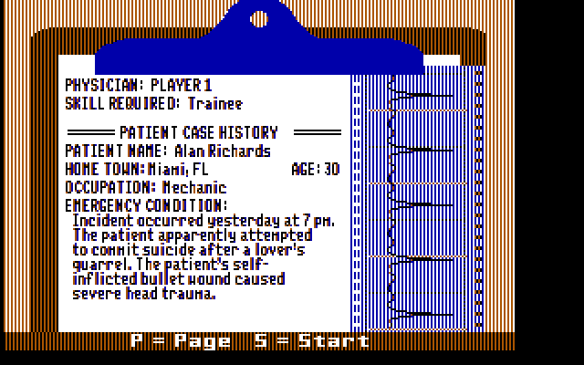 Laser Surgeon: The Microscopic Mission IBM PC/Compatibles Screenshot: Patient case history.