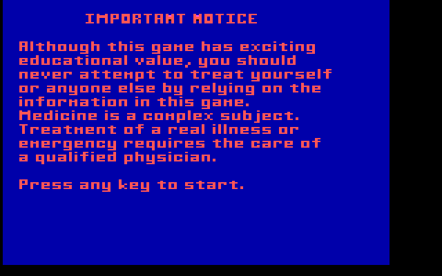 Laser Surgeon: The Microscopic Mission IBM PC/Compatibles Screenshot: Disclaimer; don't go performing surgery unless you know what you're doing!