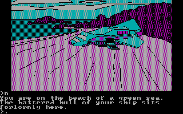 Oo-Topos IBM PC/Compatibles Screenshot: My ship resting on the beach...