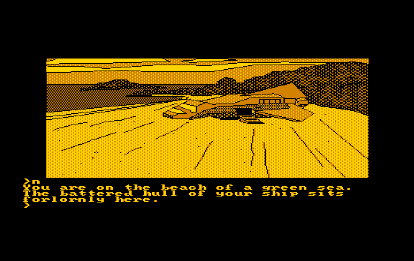 Oo-Topos IBM PC/Compatibles Screenshot: Here's my ship on the beach.