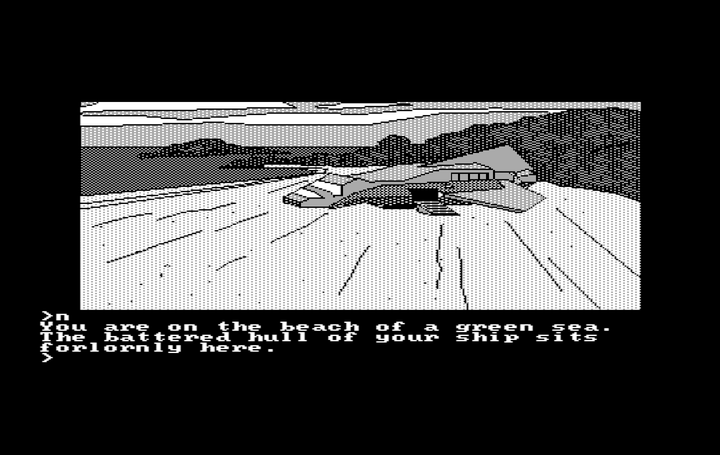 Oo-Topos IBM PC/Compatibles Screenshot: Here's my ship on the beach.