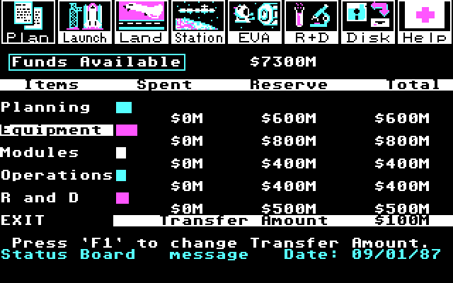 Project: Space Station IBM PC/Compatibles Screenshot: Allocate some funding.