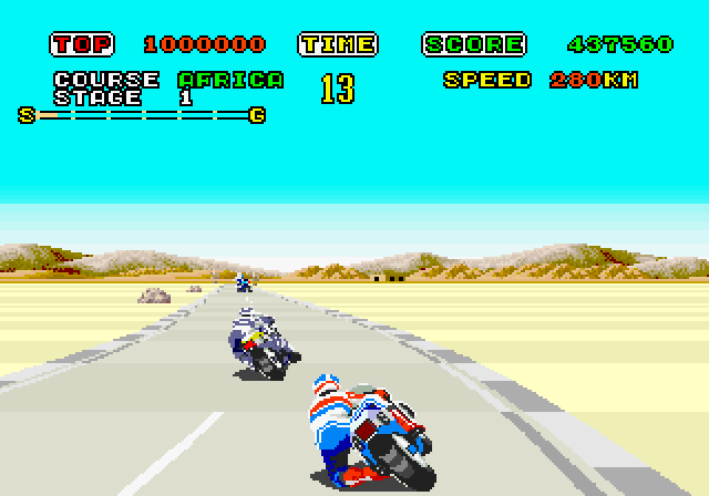 Super Hang-On Arcade Screenshot: There are fewer obstacles on the side of the road in the desert track.