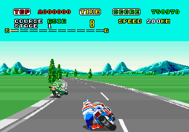 Super Hang-On Arcade Screenshot: Sharp turn, better hang on!