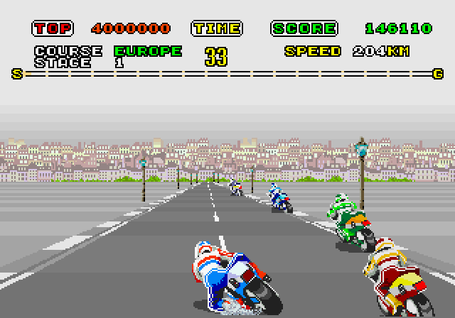 Super Hang-On Arcade Screenshot: There are numerous opponent motorcycles on the difficult levels.