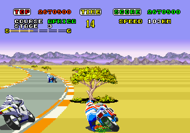 Super Hang-On Arcade Screenshot: Yikes, I need to get back on the road!