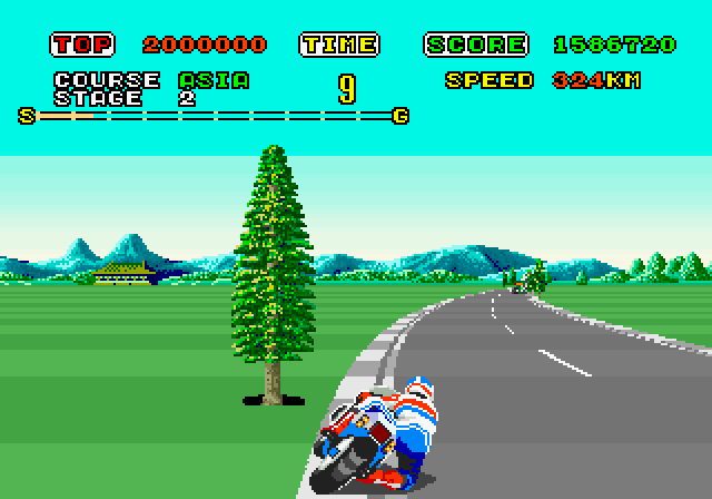 Super Hang-On Arcade Screenshot: Narrowly avoiding a tree!
