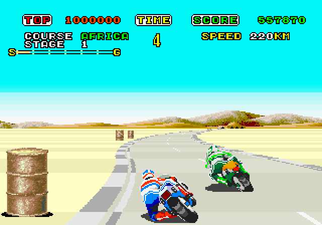 Super Hang-On Arcade Screenshot: Don't crash into other motorcycles, or time is lost!