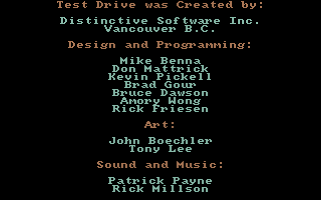 Test Drive Amiga Screenshot: Credits screen.
