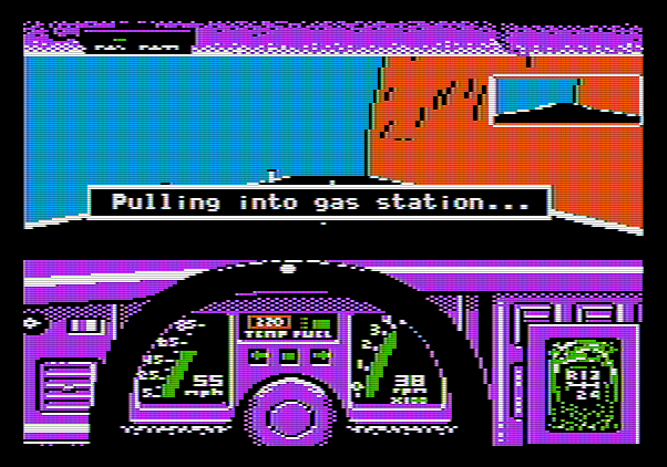 Test Drive Apple II Screenshot: Pulling into a gas station...