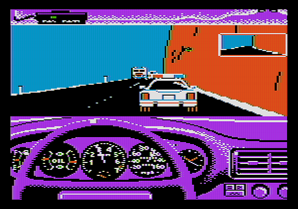 Test Drive Apple II Screenshot: Oh no, the police got me for speeding!