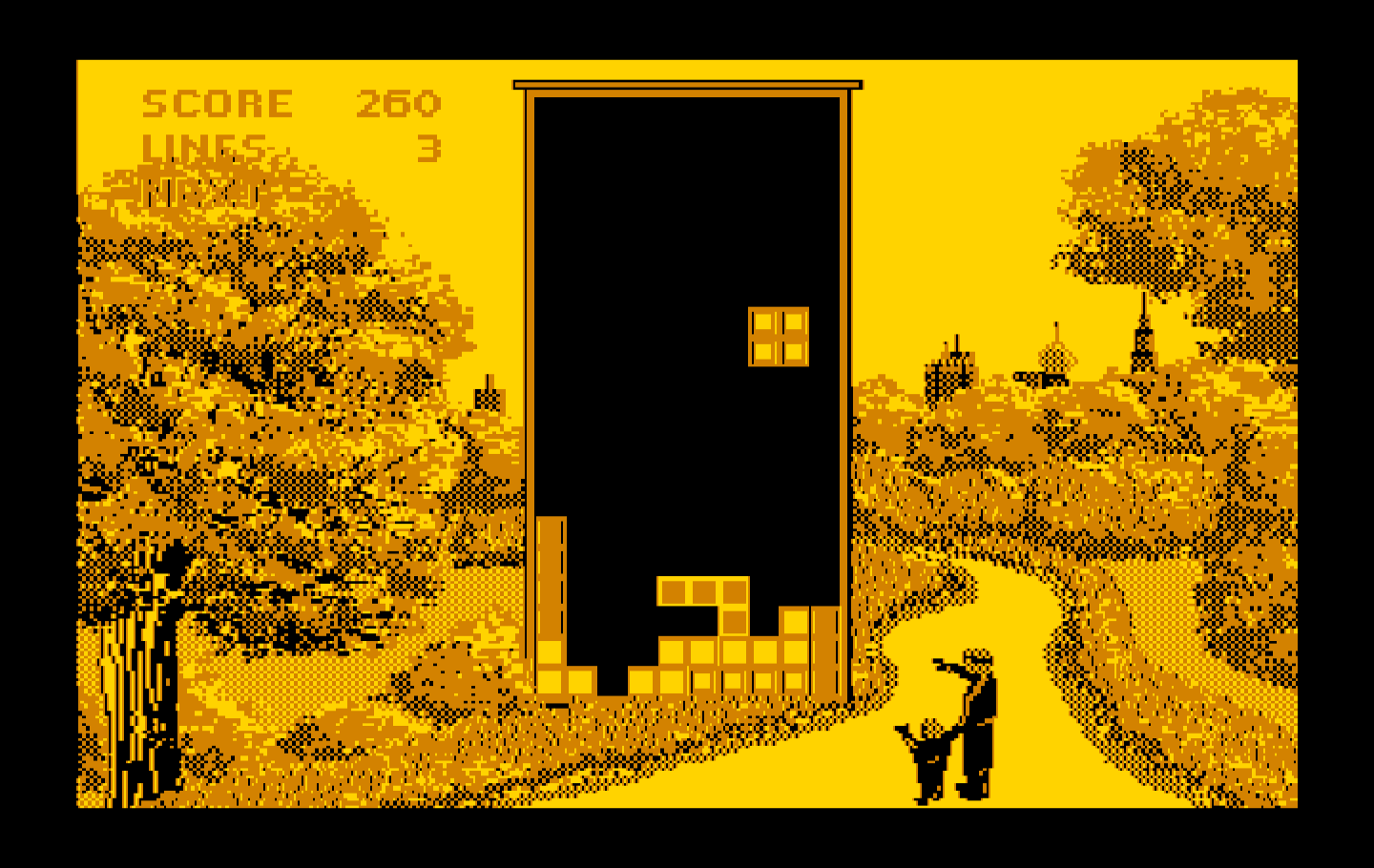 Tetris IBM PC/Compatibles Screenshot: Each difficulty level has a different background.