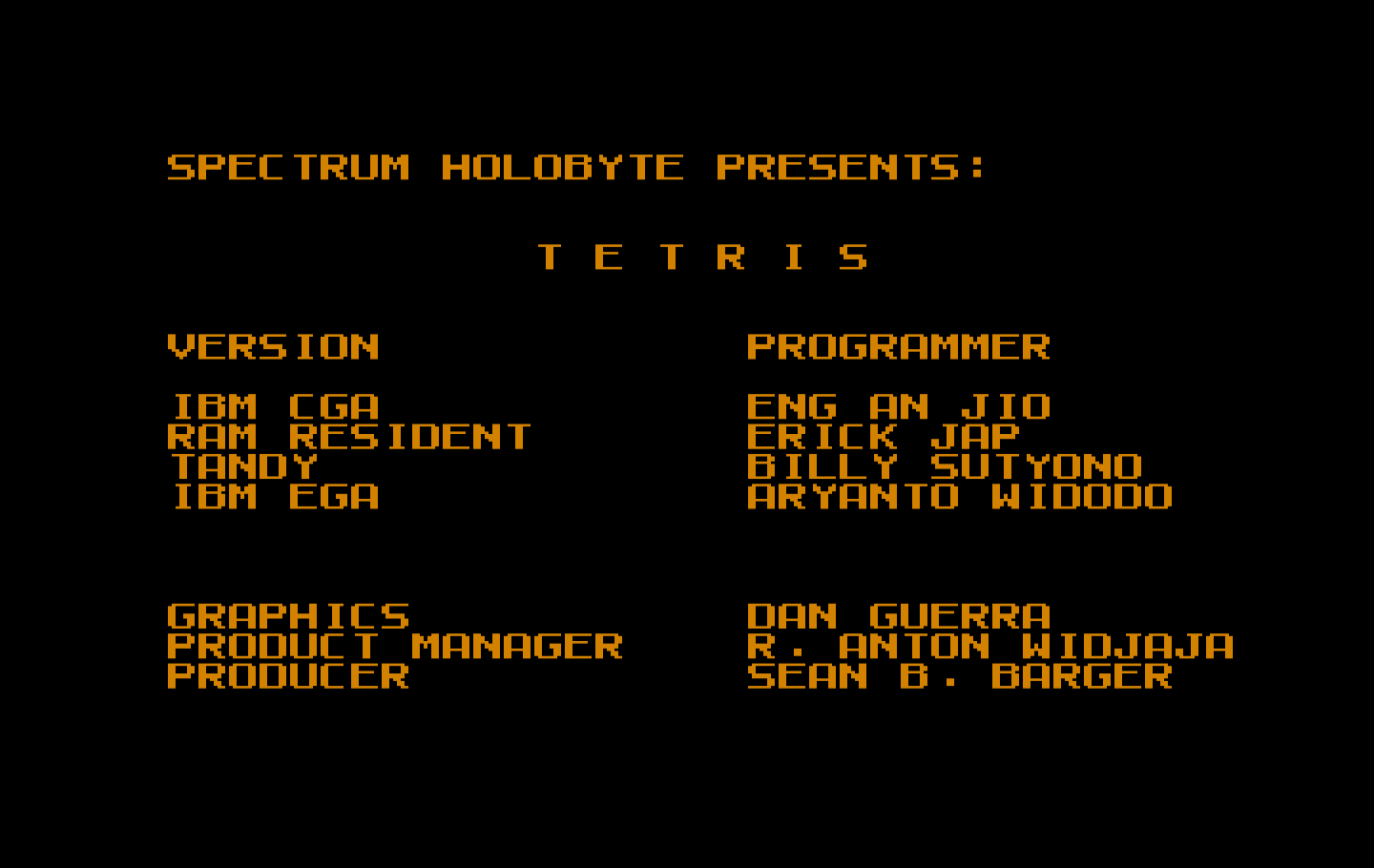 Tetris IBM PC/Compatibles Screenshot: Game credits.