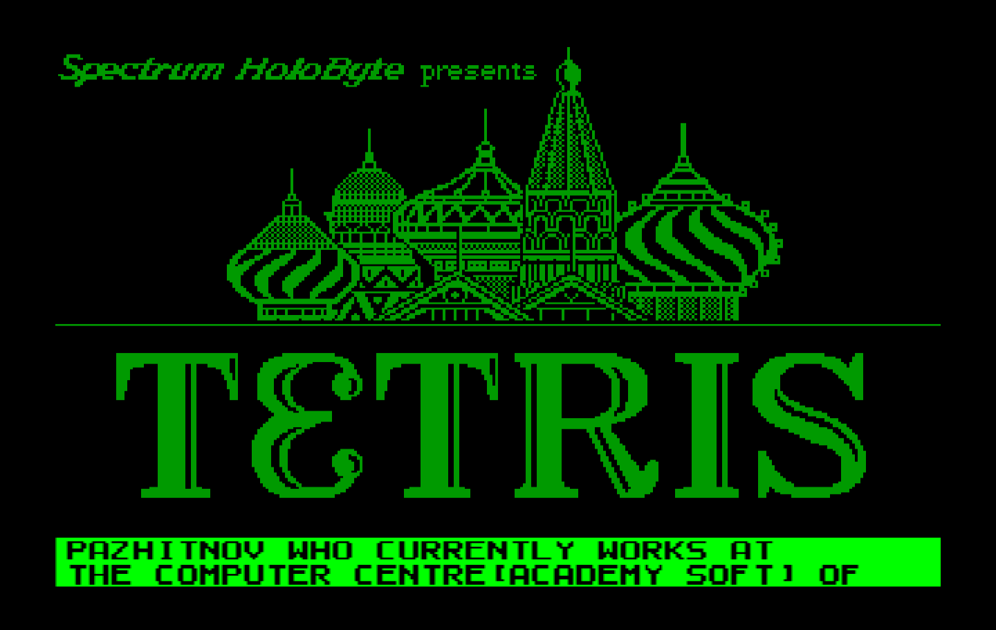 Tetris IBM PC/Compatibles Screenshot: A little background on the game appears at the bottom...